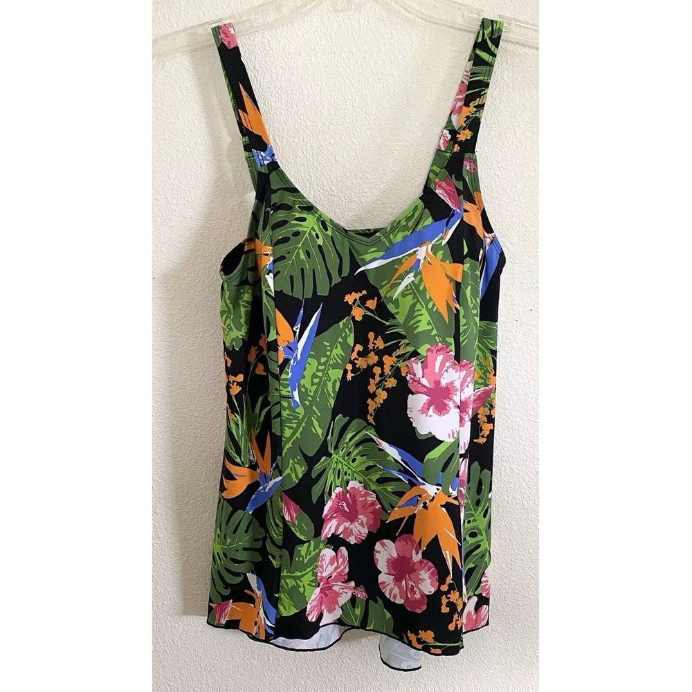 Denim & Co Beach Tankini Top Women 6 Black Floral Tropical Swim Dress Excellent